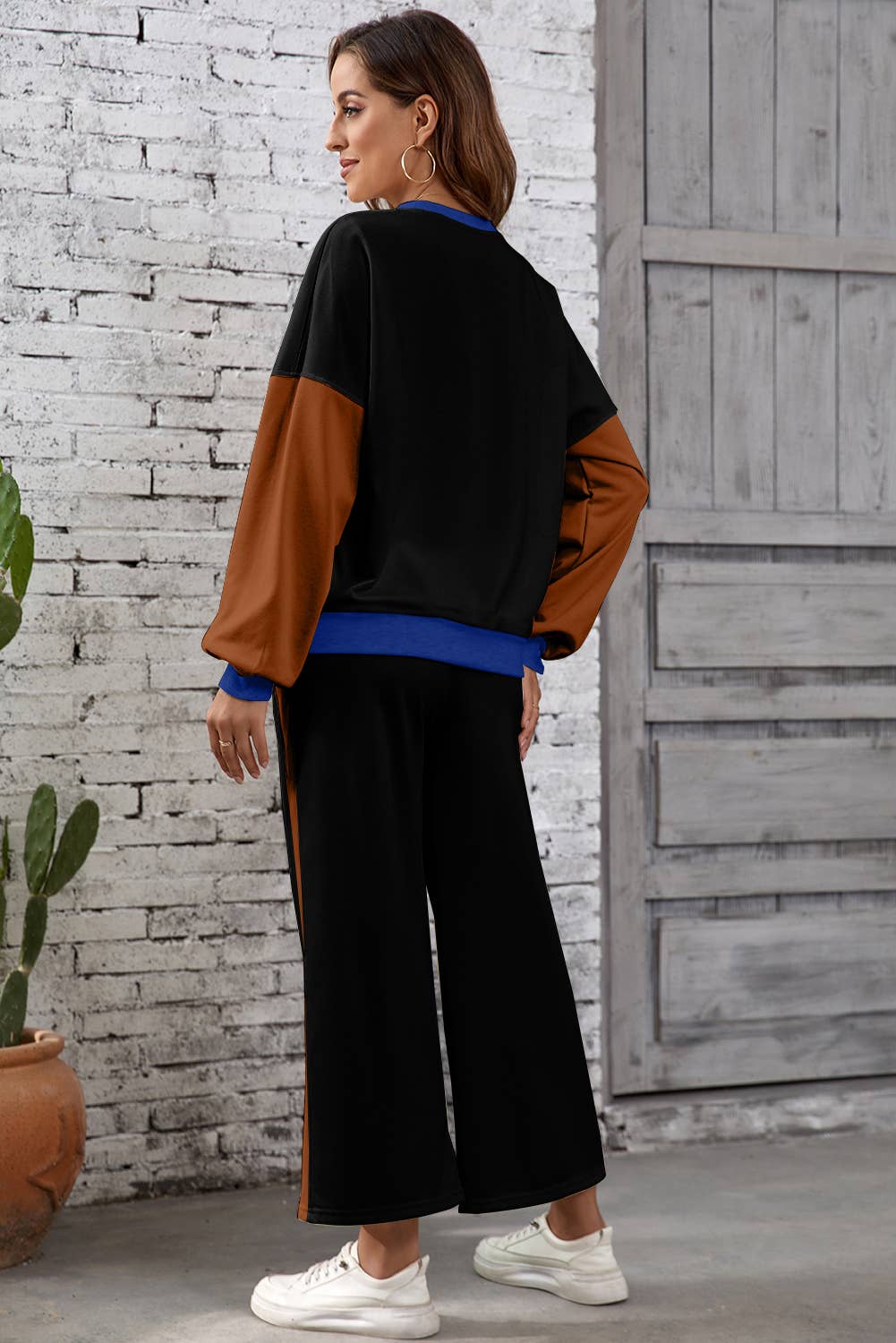 2pcs Color Block Pullover Loose Pant Set