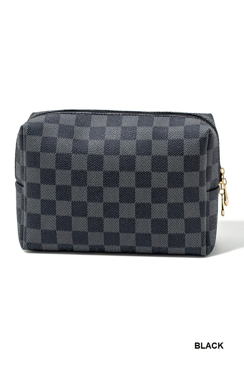 Vegan leather checkered monogram cosmetic bag