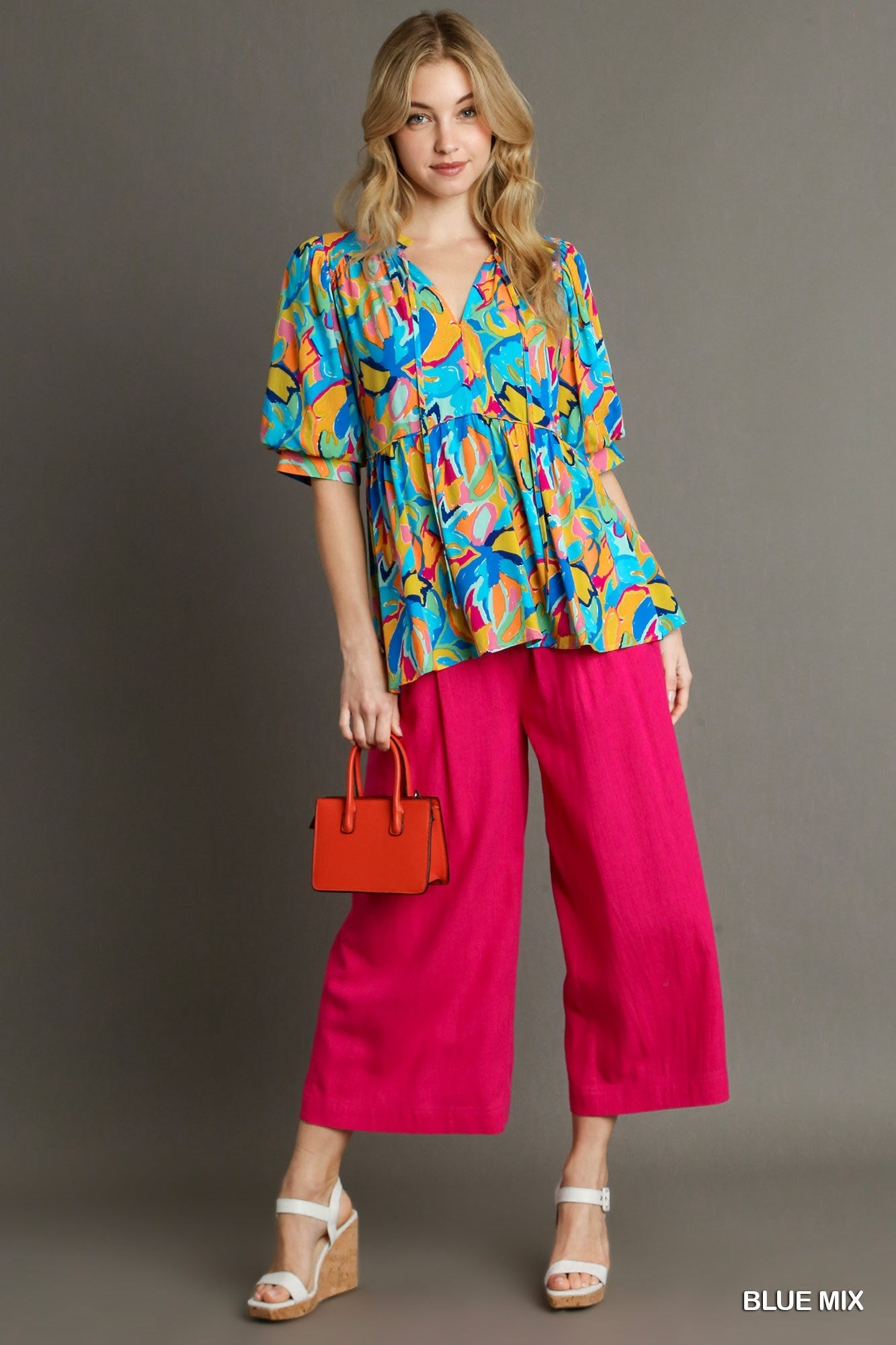 Baby Doll Top w Ruffle Split Neck