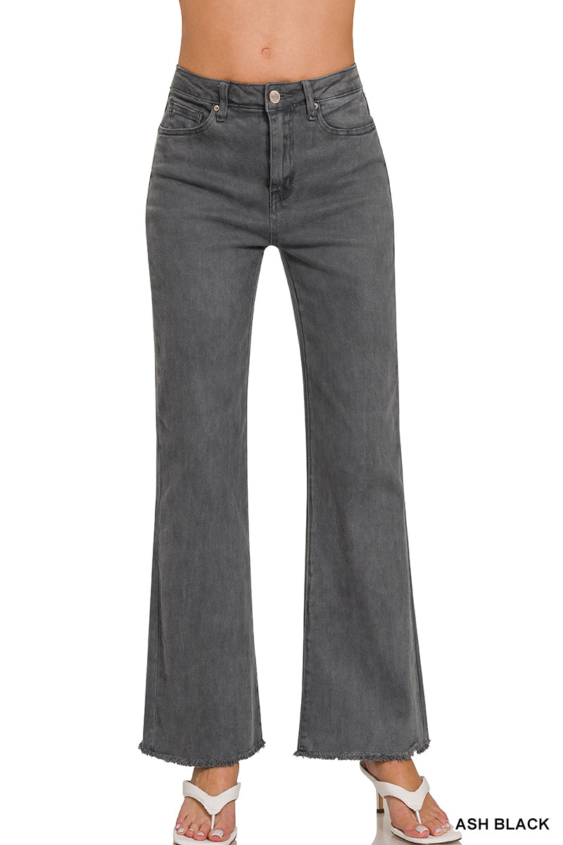 ACID WASHED FRAYED CUTOFF HEM STRAIGHT WIDE PANTS