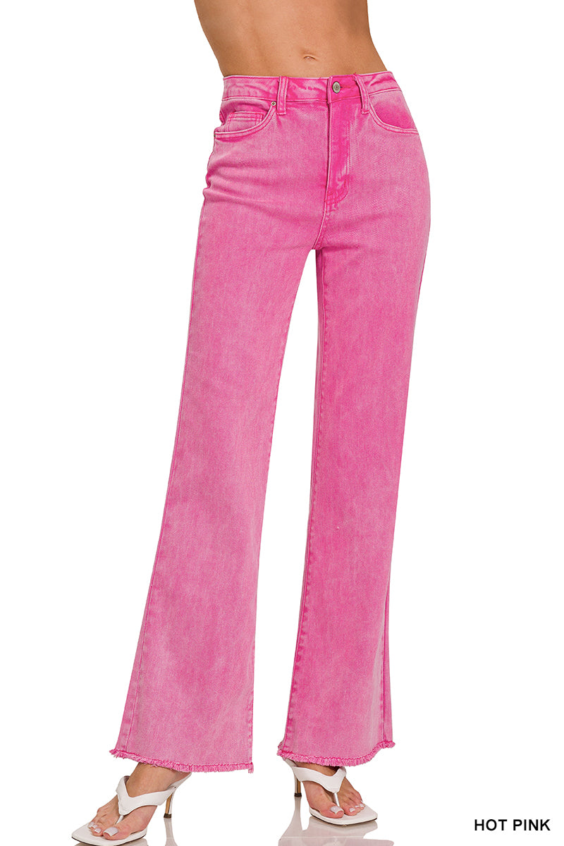 ACID WASHED FRAYED CUTOFF HEM STRAIGHT WIDE PANTS