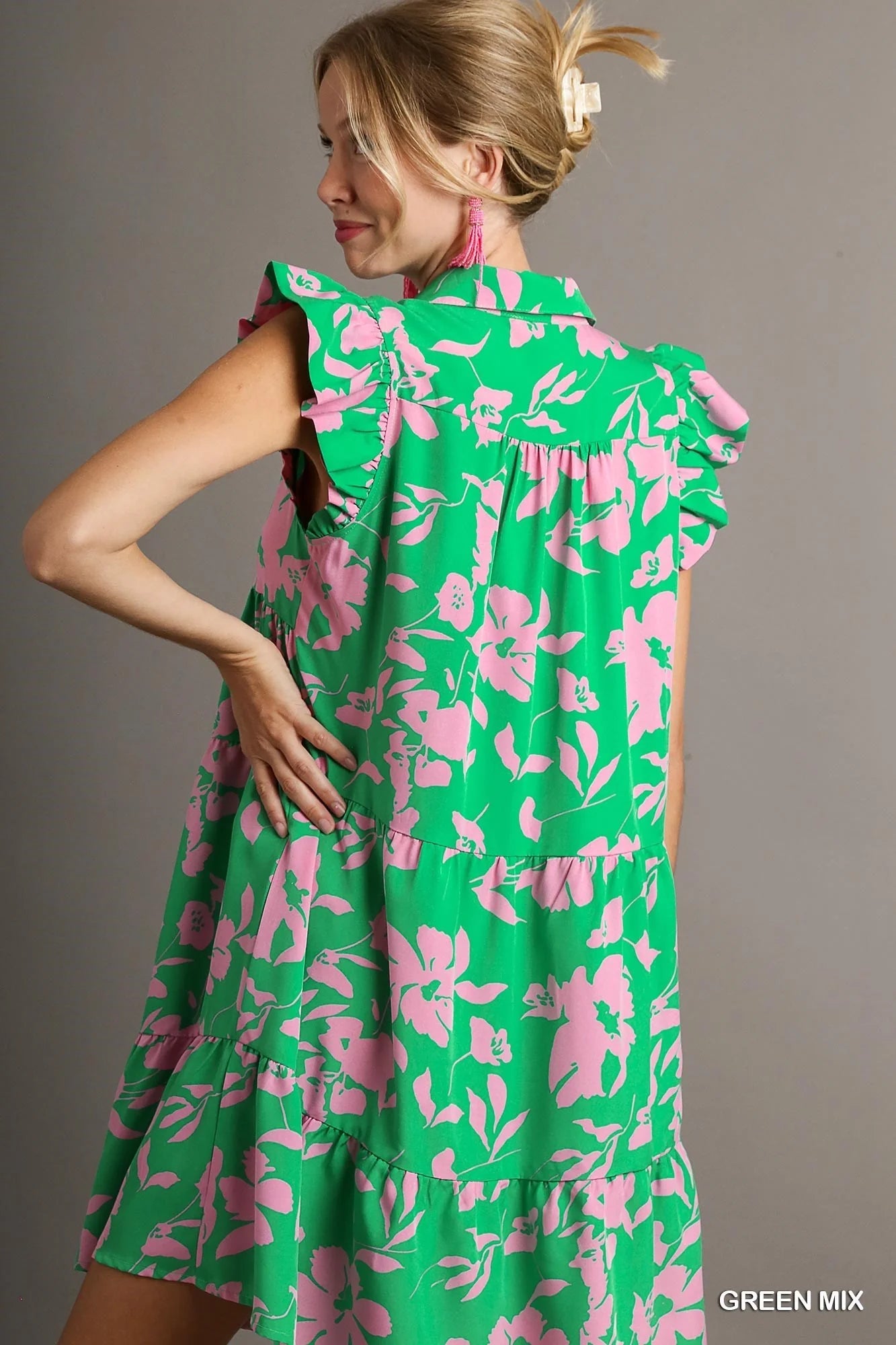 Green & Pink Floral Print A-Line Collared Tiered Dress