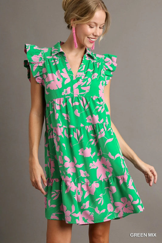 Green & Pink Floral Print A-Line Collared Tiered Dress