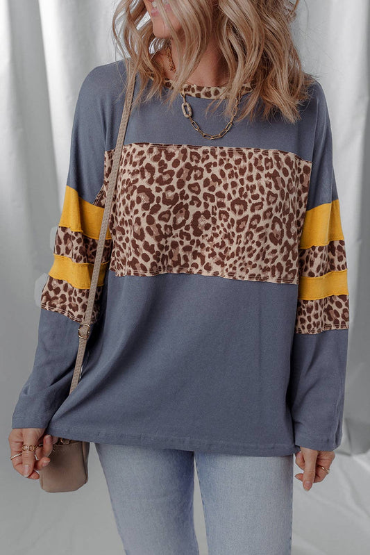 Leopard Colorblock Patchwork Long Sleeve Drop Shoulder Top