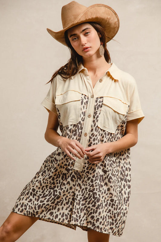 LEOPARD PRINT COMBO BUTTONED COLLARED JUMPSUIT