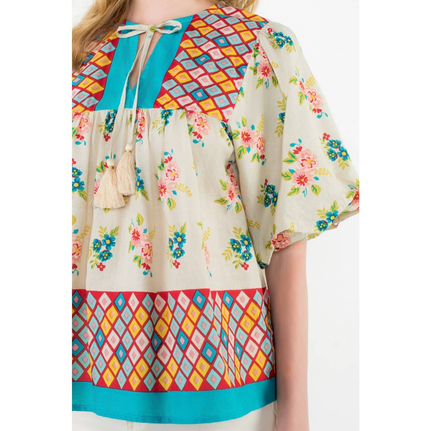 Tassel Tie Puff Sleeve Floral Top