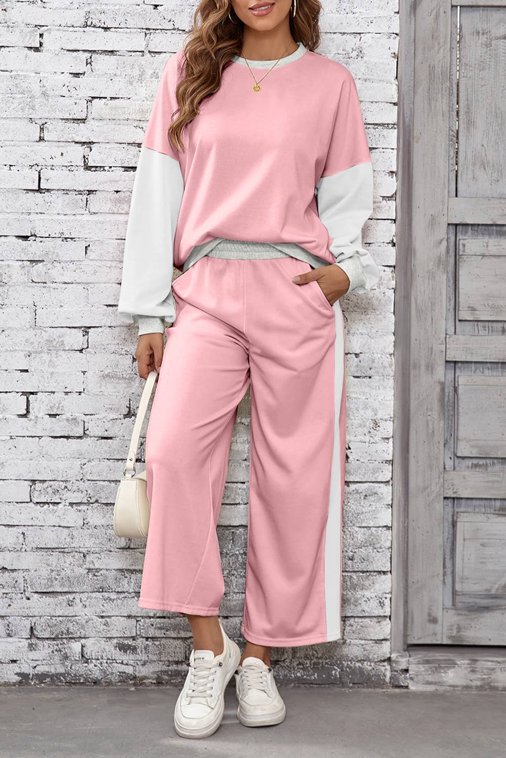 2pcs Color Block Pullover Loose Pant Set
