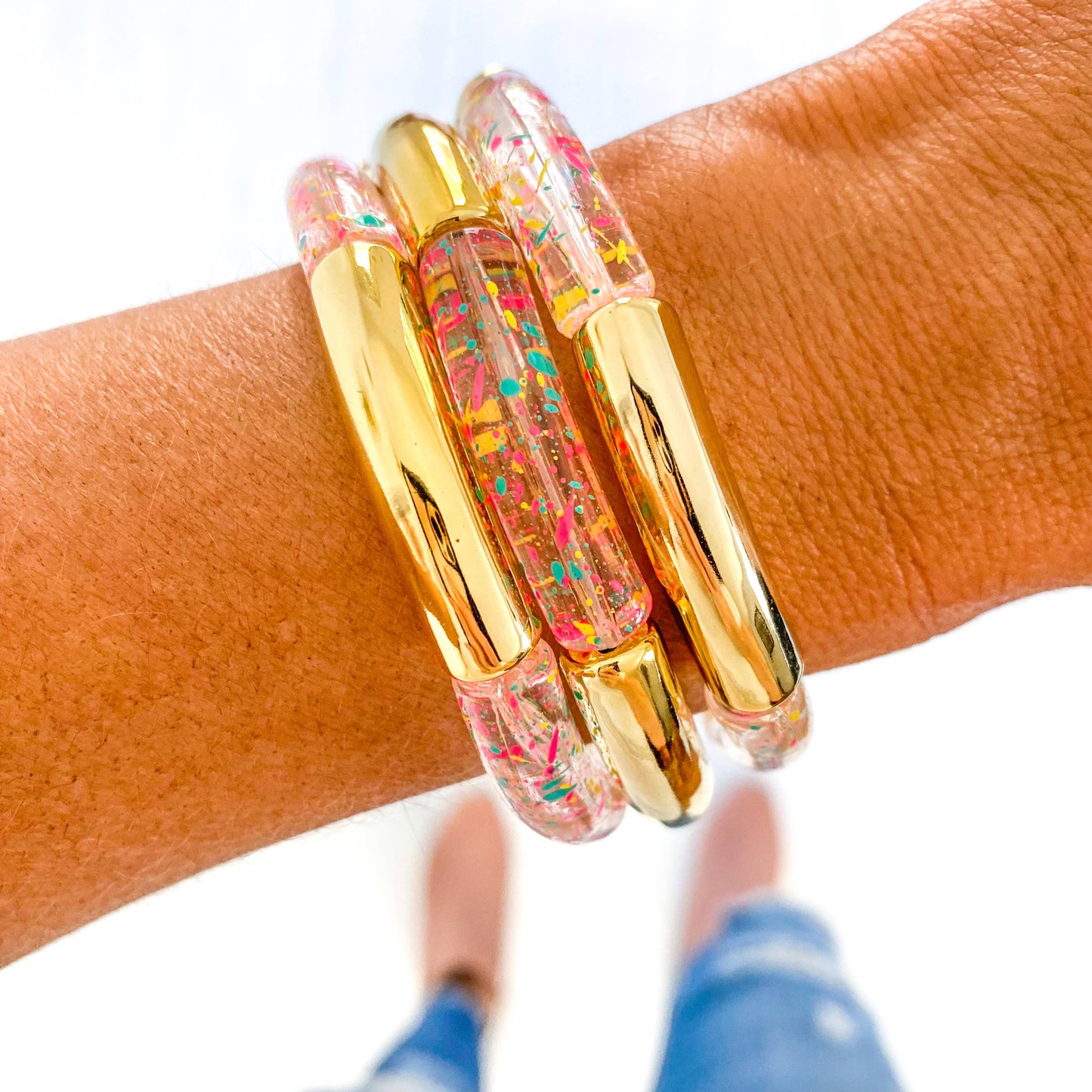 Clear Confetti Speckle Acrylic Tube Bamboo Bracelet