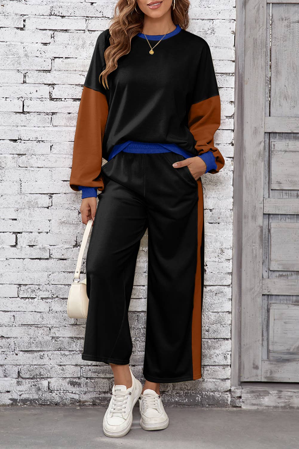 2pcs Color Block Pullover Loose Pant Set