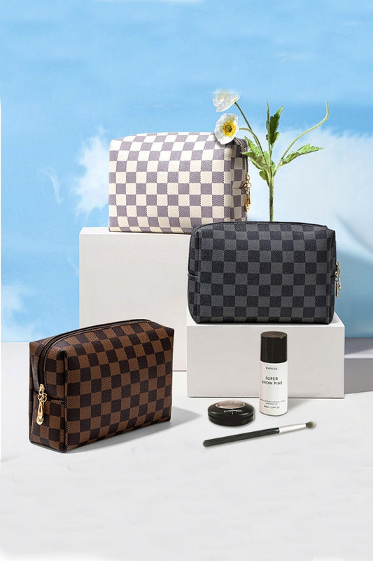 Vegan leather checkered monogram cosmetic bag