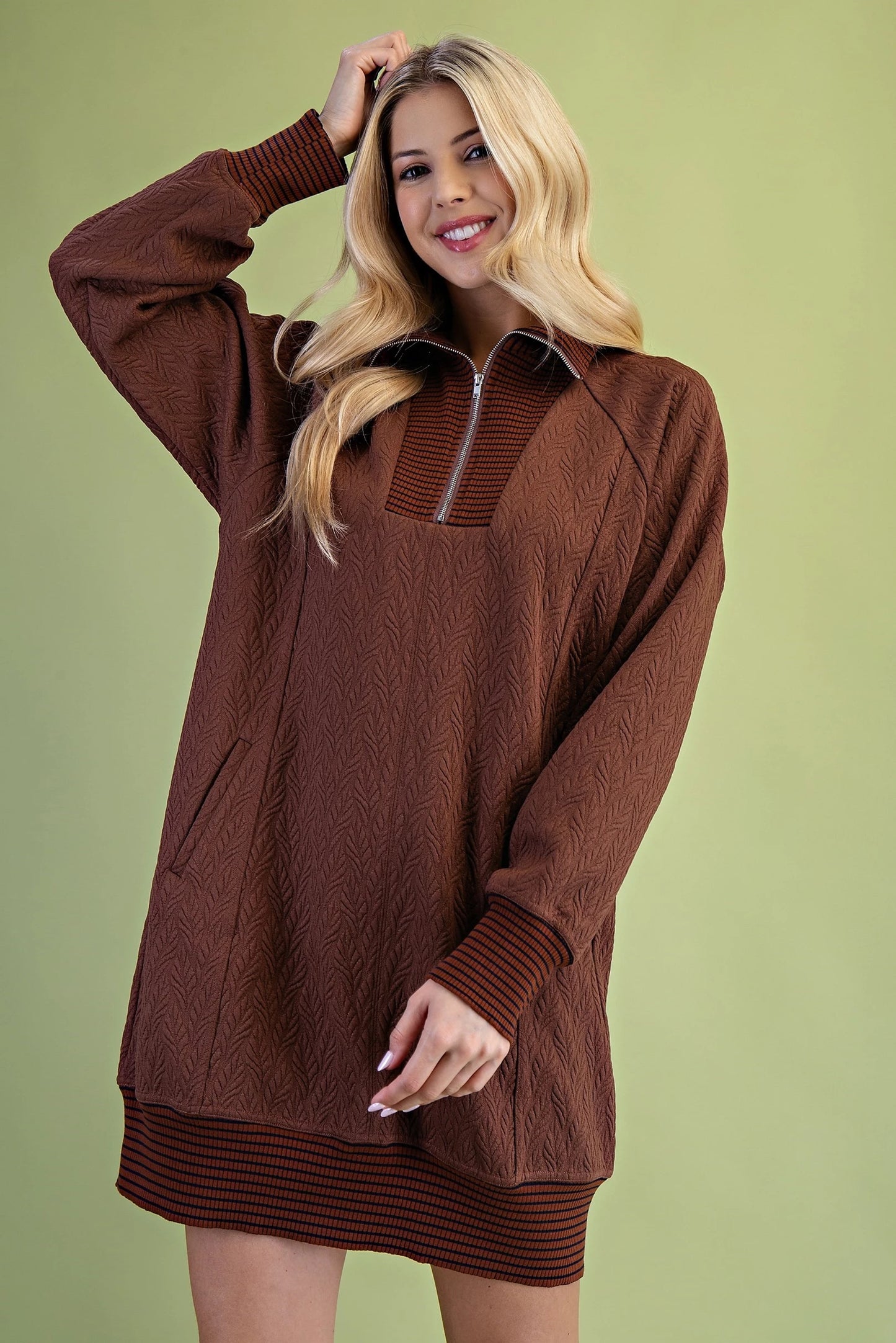 Textured Half Zip Dress with Mock Neck