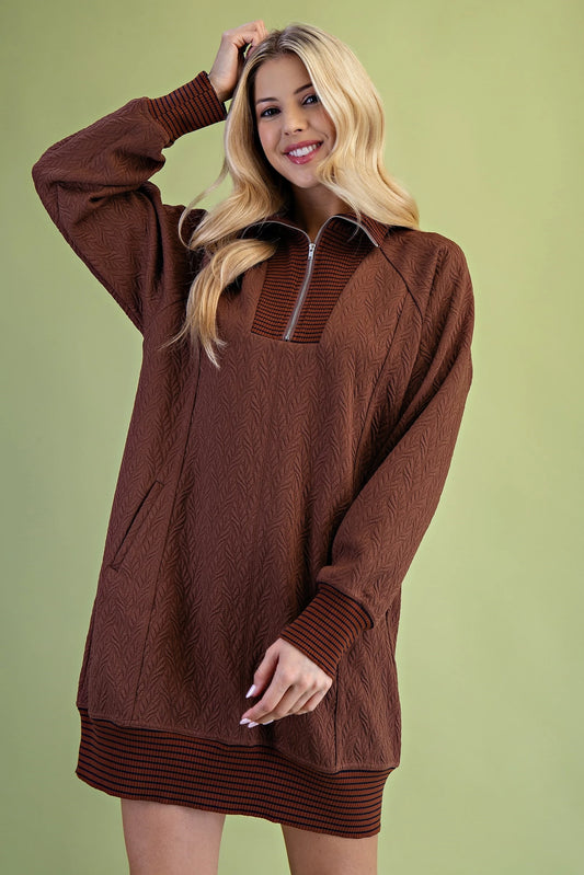 Textured Half Zip Dress with Mock Neck