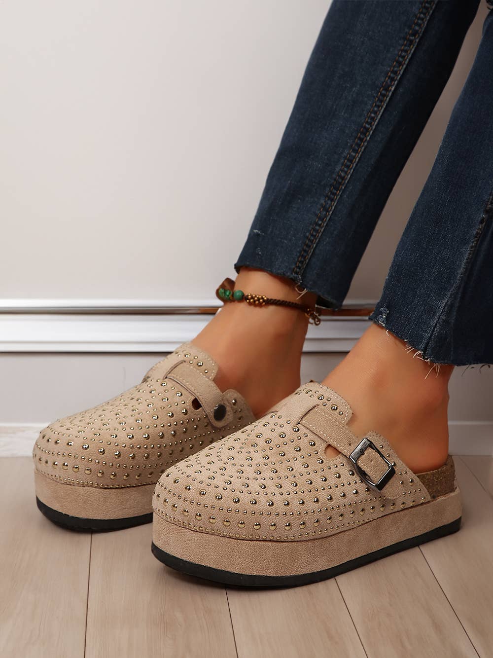 Rivet Buckle Closed Toe Platform Slippers