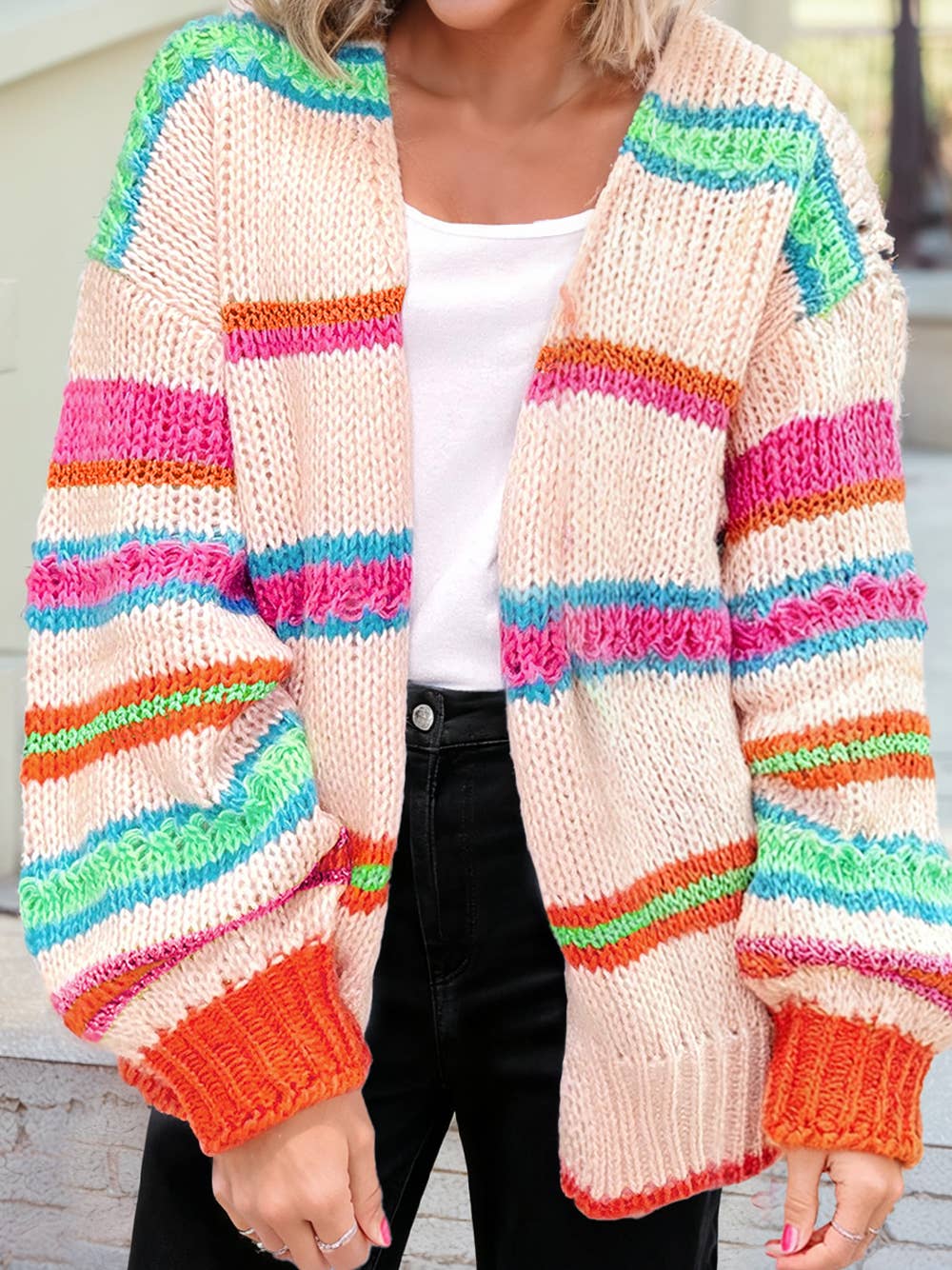 Striped Pattern Knit Oversize Cardigan