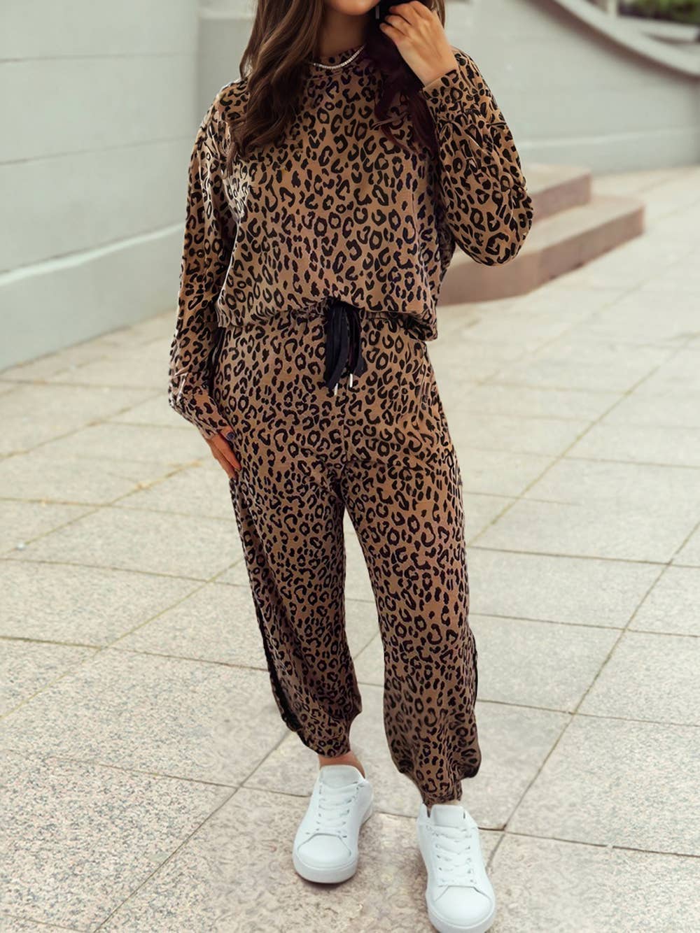 Varsity Striped Trim Leopard Long Sleeve Top Drawstring Pant
