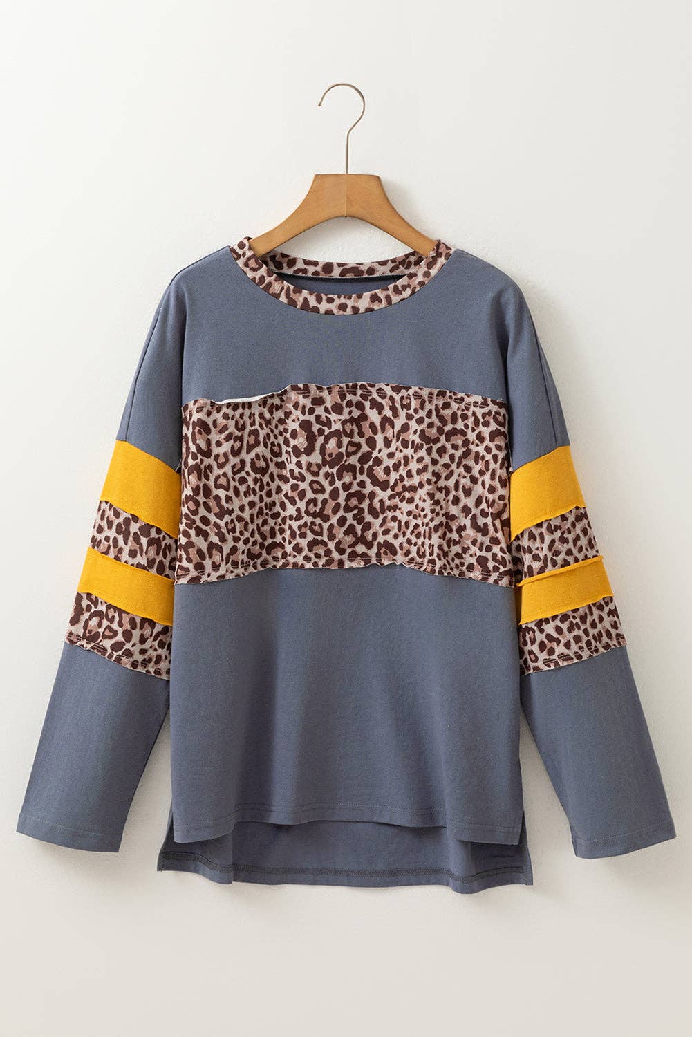 Leopard Colorblock Patchwork Long Sleeve Drop Shoulder Top