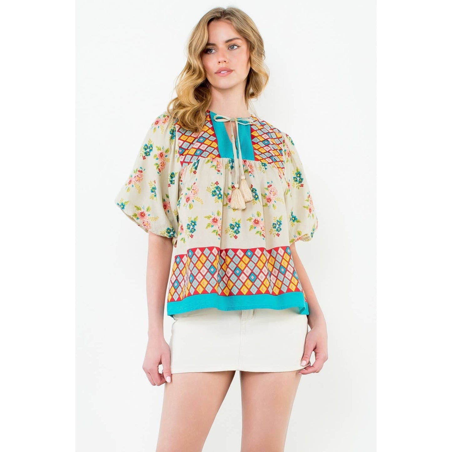 Tassel Tie Puff Sleeve Floral Top