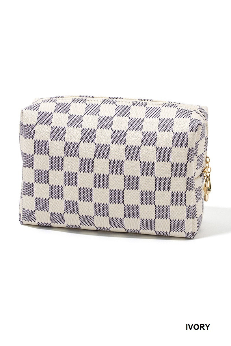Vegan leather checkered monogram cosmetic bag