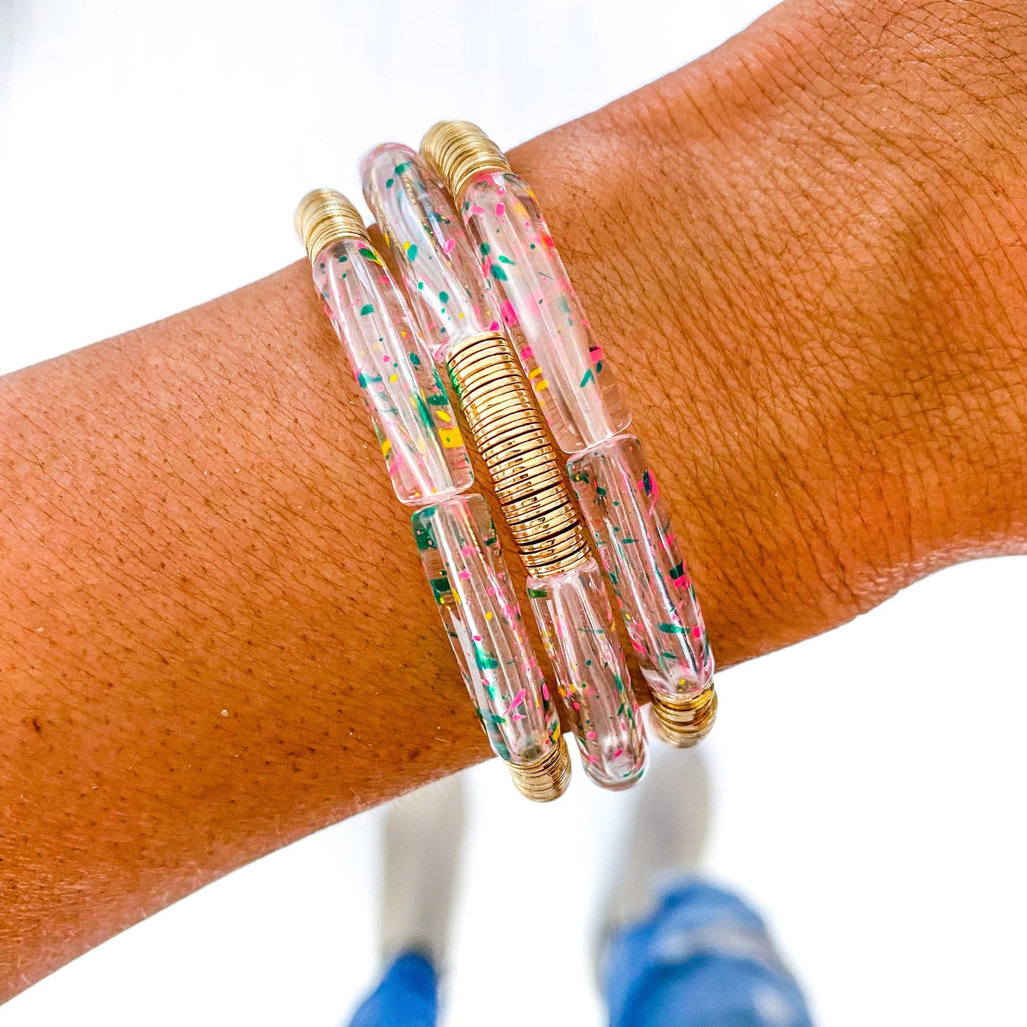 Clear Confetti Speckle Acrylic Tube Bamboo Bracelet