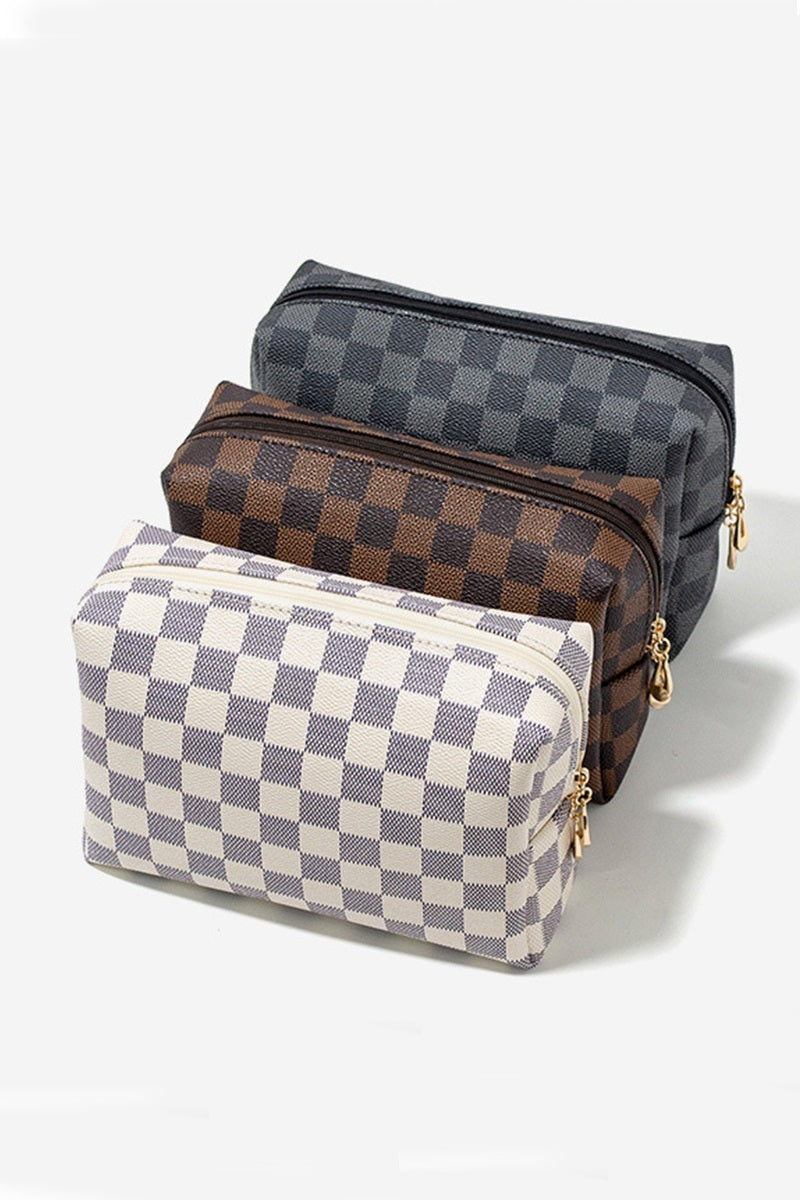 Vegan leather checkered monogram cosmetic bag