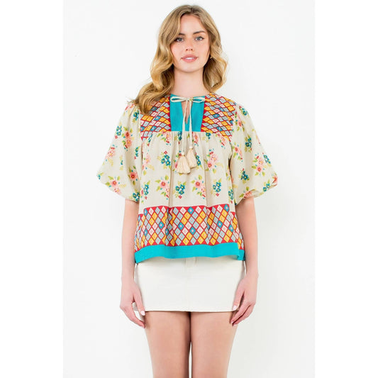 Tassel Tie Puff Sleeve Floral Top
