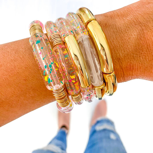 Clear Confetti Speckle Acrylic Tube Bamboo Bracelet