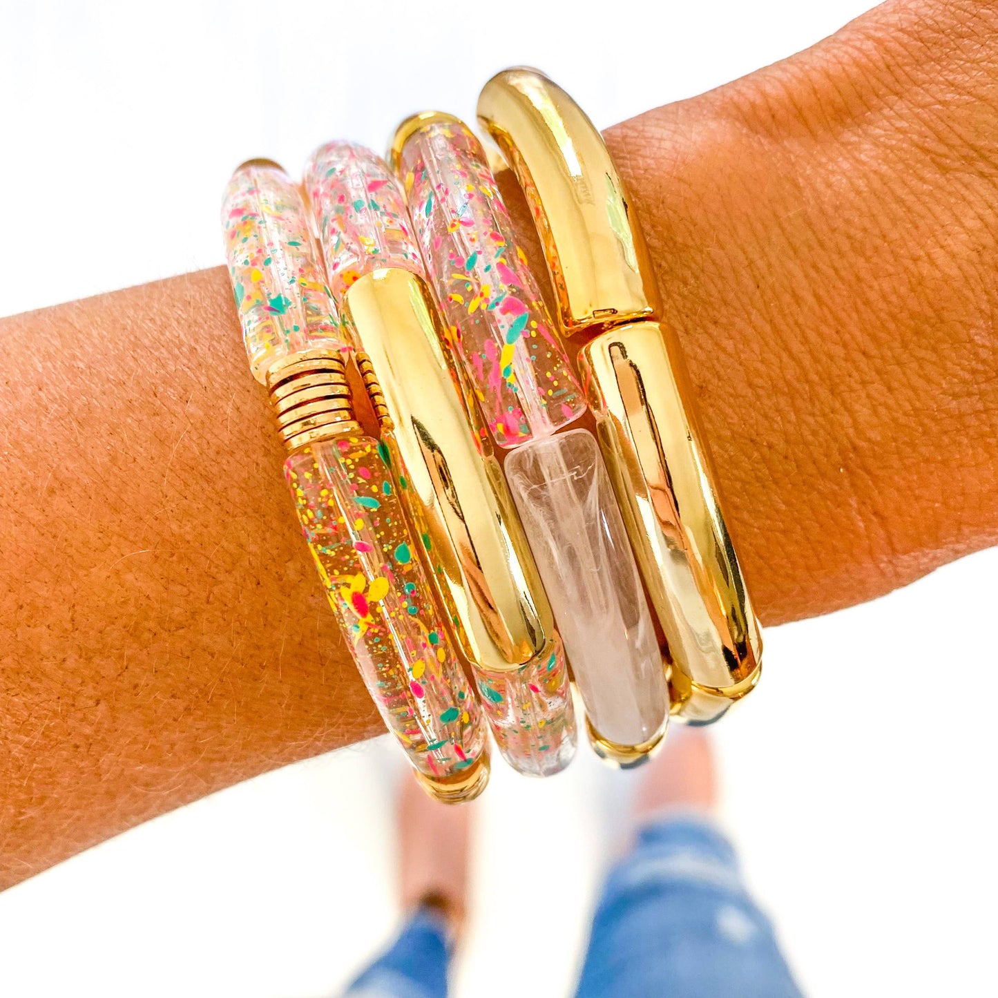 Clear Confetti Speckle Acrylic Tube Bamboo Bracelet