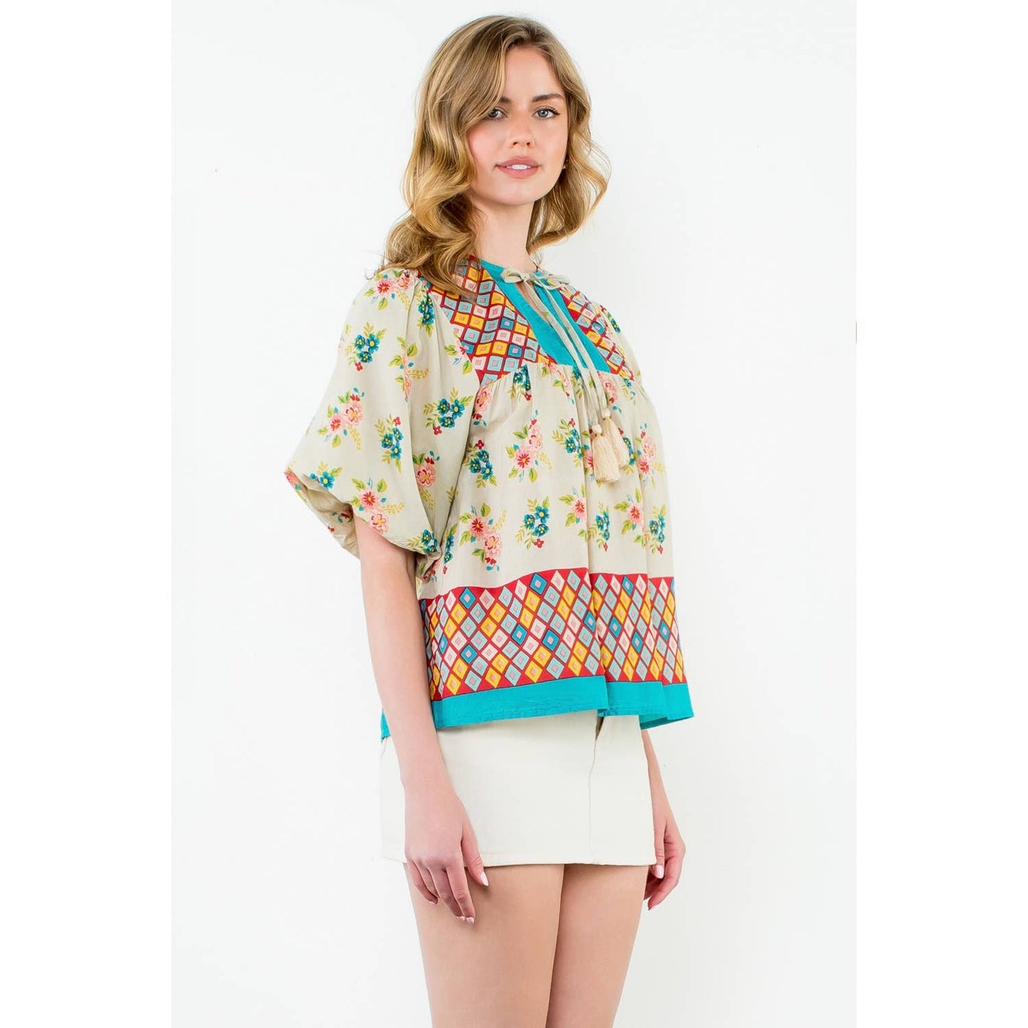 Tassel Tie Puff Sleeve Floral Top