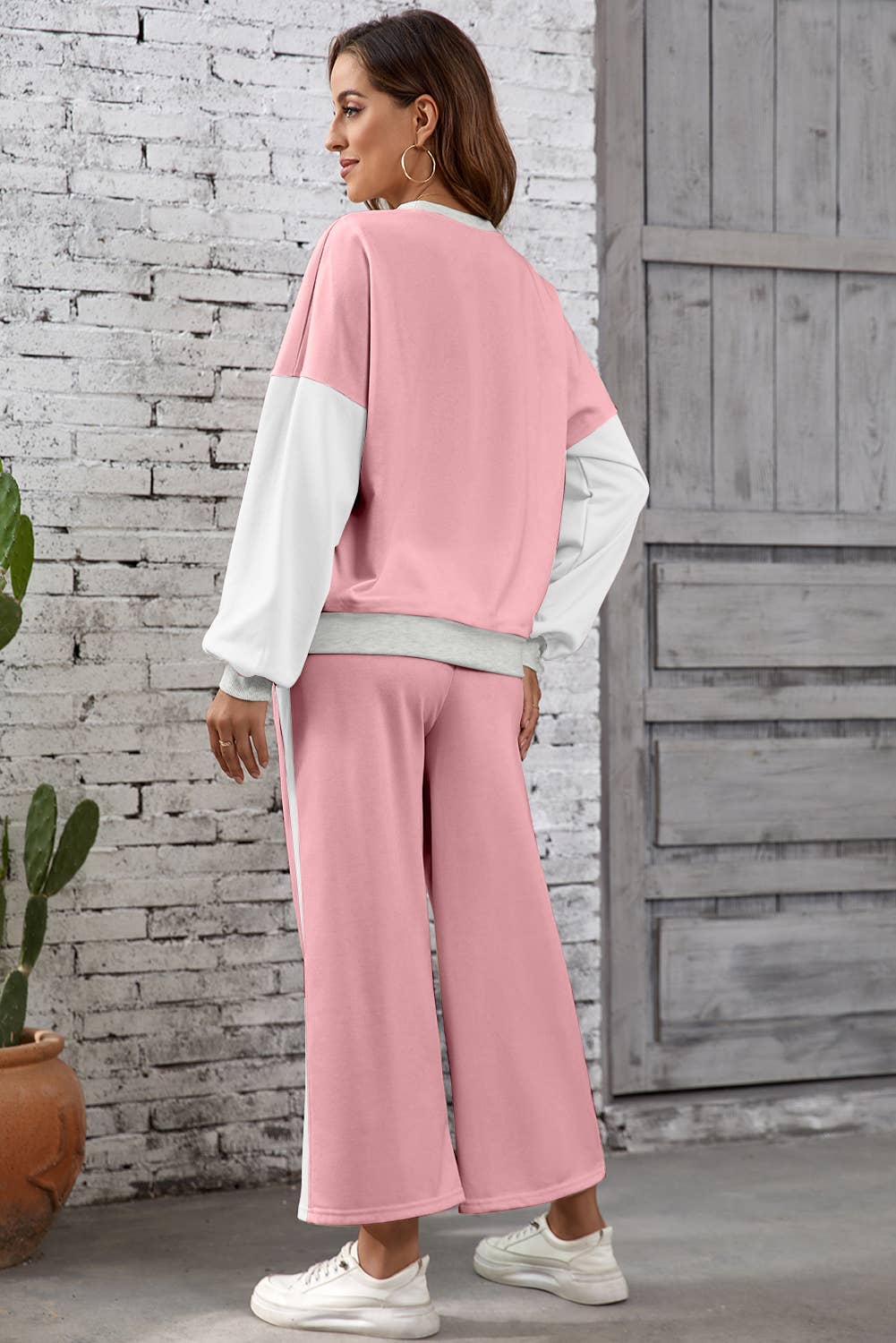 2pcs Color Block Pullover Loose Pant Set