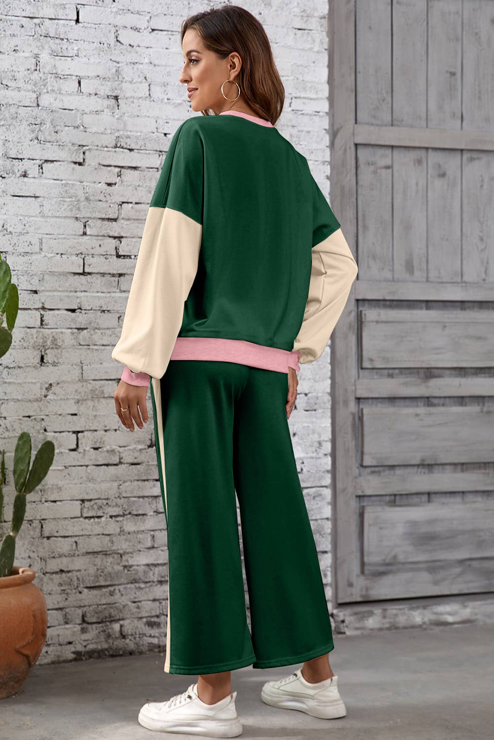 2pcs Color Block Pullover Loose Pant Set