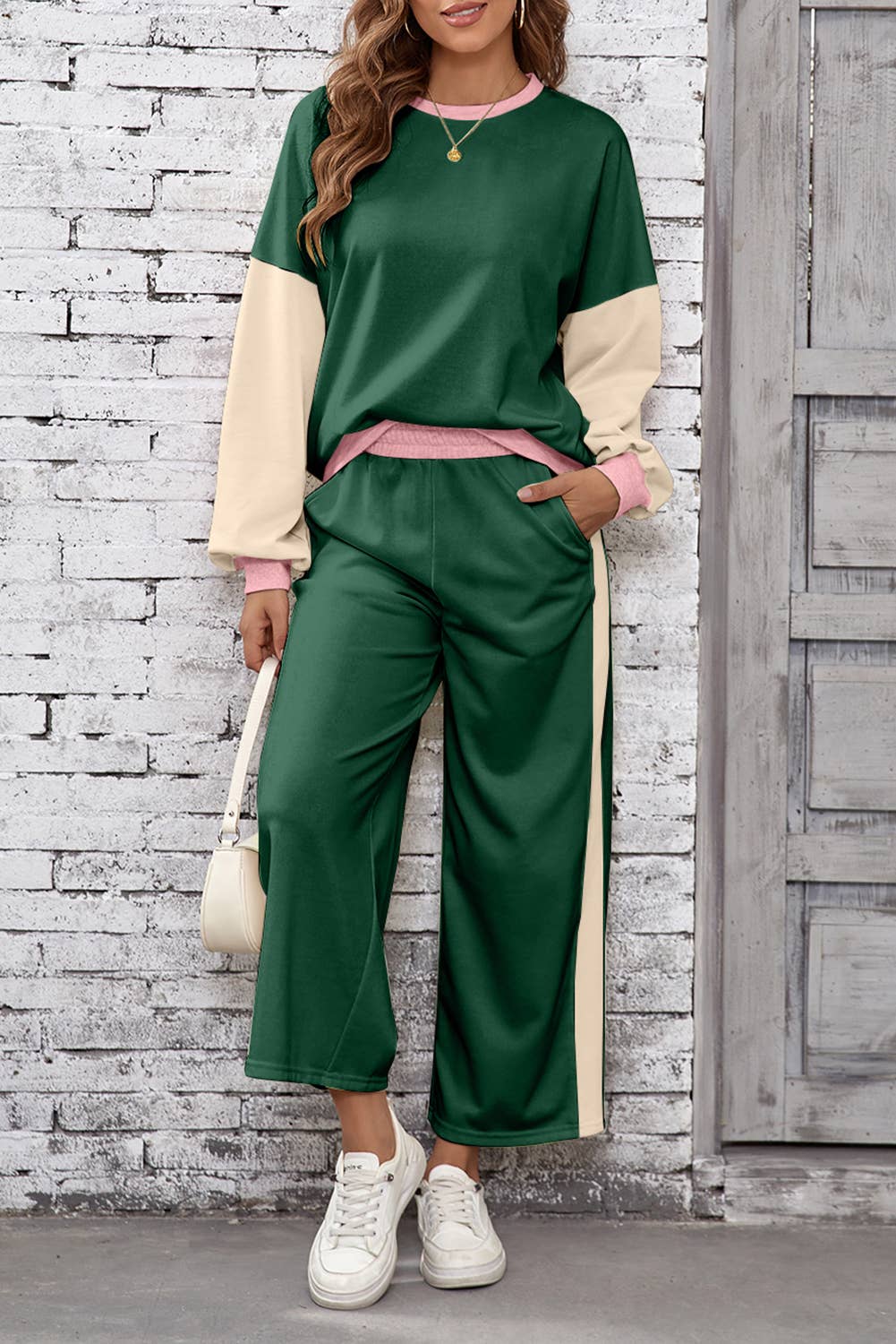 2pcs Color Block Pullover Loose Pant Set