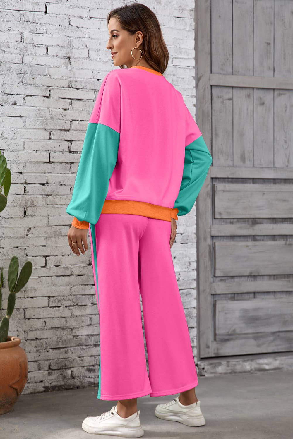 2pcs Color Block Pullover Loose Pant Set