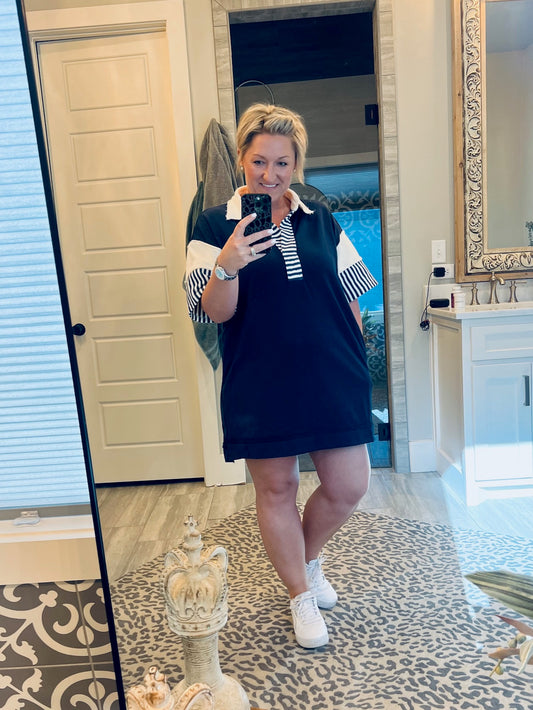 Solid V-Neck Short Sleeve Collared Mini Dress