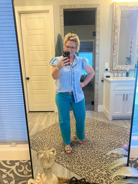 Beau Blue Button Front Ruffled Flutter Frayed Denim Top