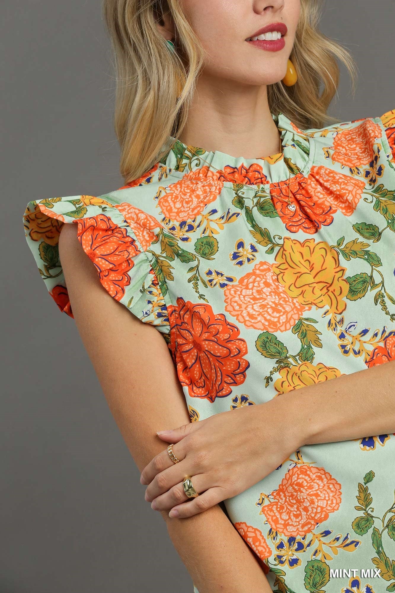Floral Print Ruffle Neck & Sleeve Top