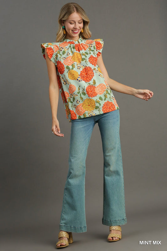 Floral Print Ruffle Neck & Sleeve Top
