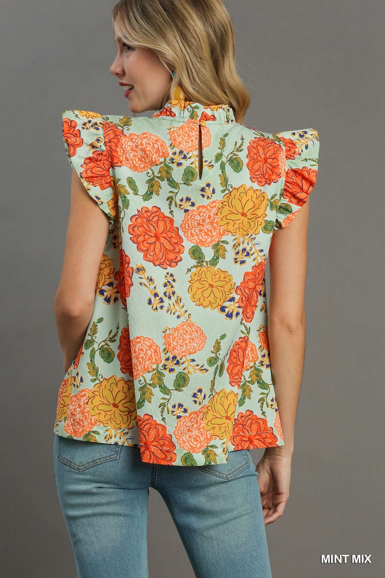 Floral Print Ruffle Neck & Sleeve Top