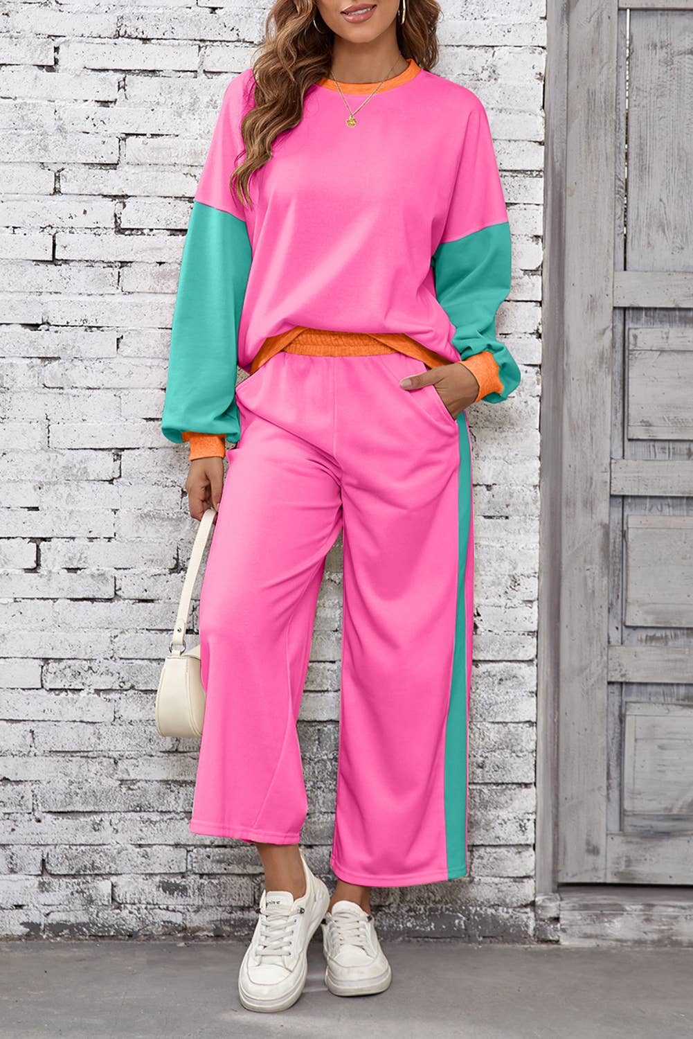 2pcs Color Block Pullover Loose Pant Set