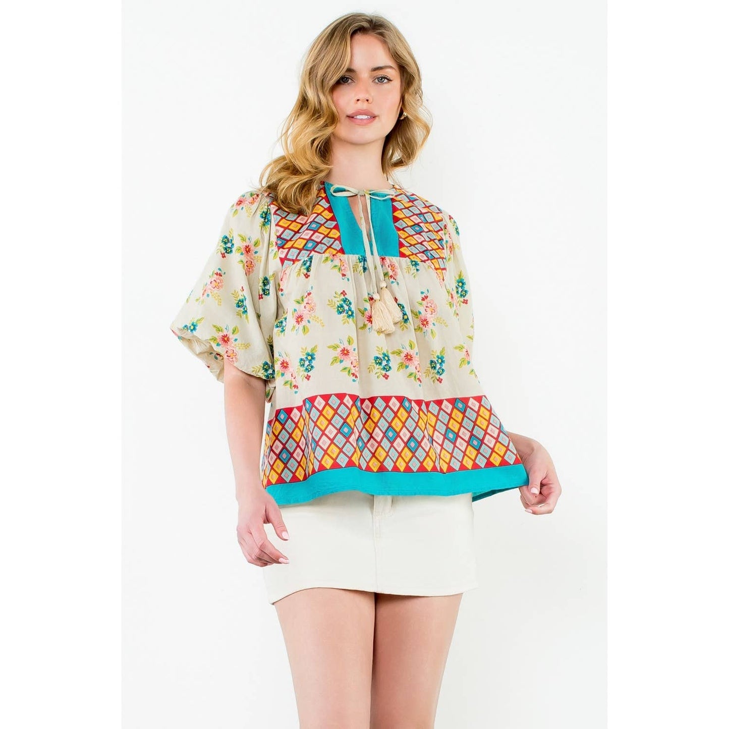 Tassel Tie Puff Sleeve Floral Top