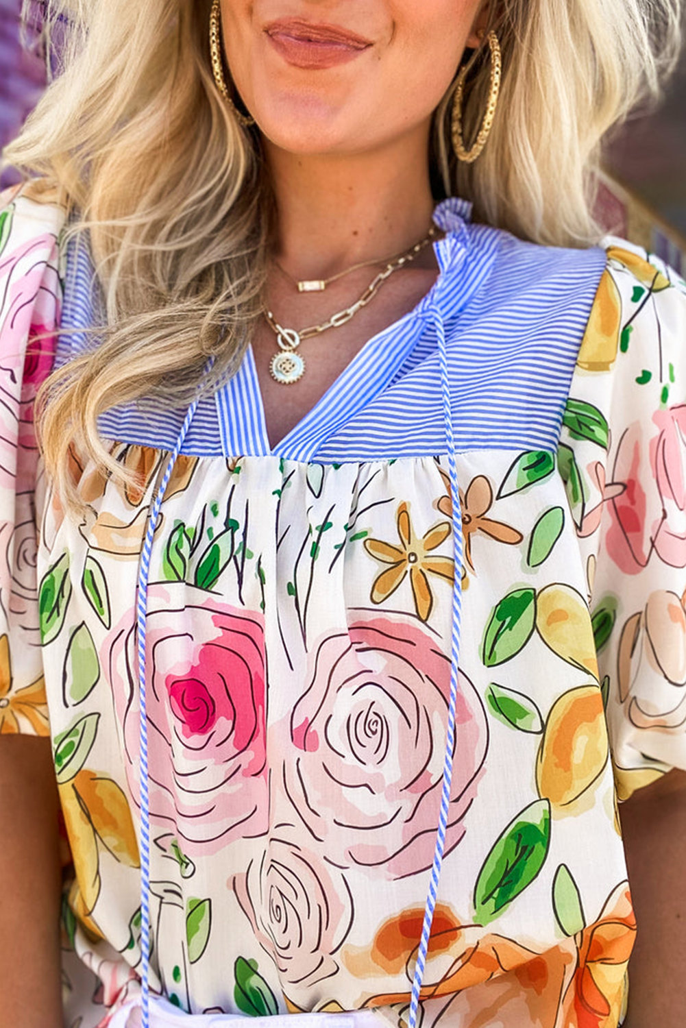 Floral Stripe Puff Sleeve Blouse