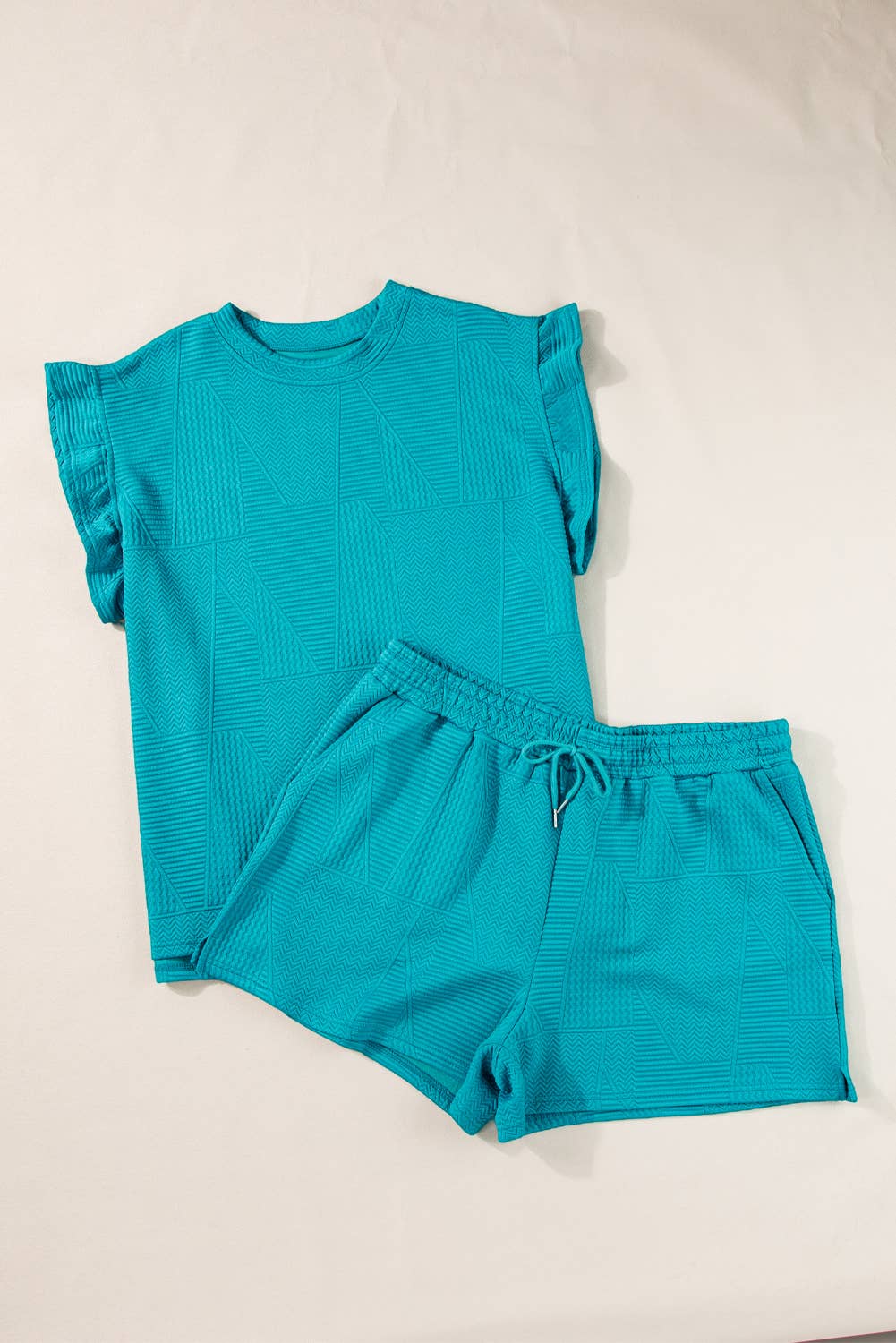 Textured Ruffle Split Top and Drawstring Shorts