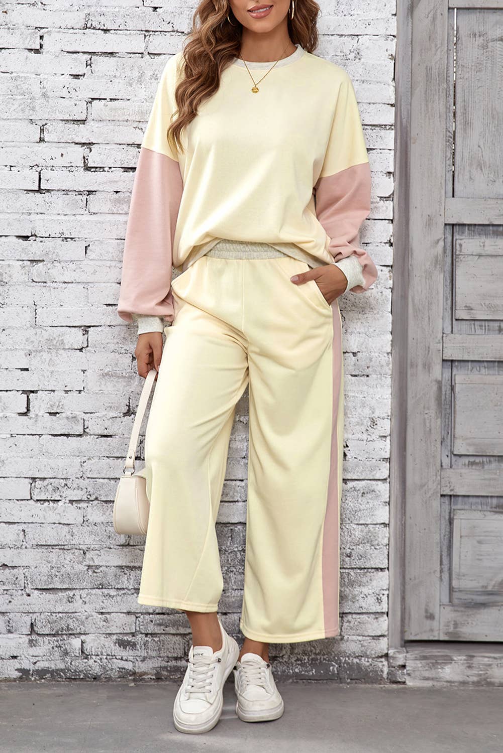 2pcs Color Block Pullover Loose Pant Set