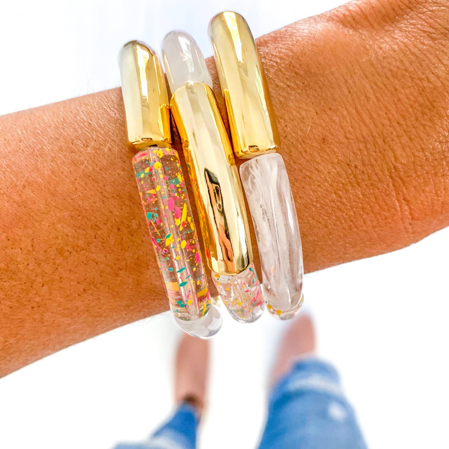 Clear Confetti Speckle Acrylic Tube Bamboo Bracelet