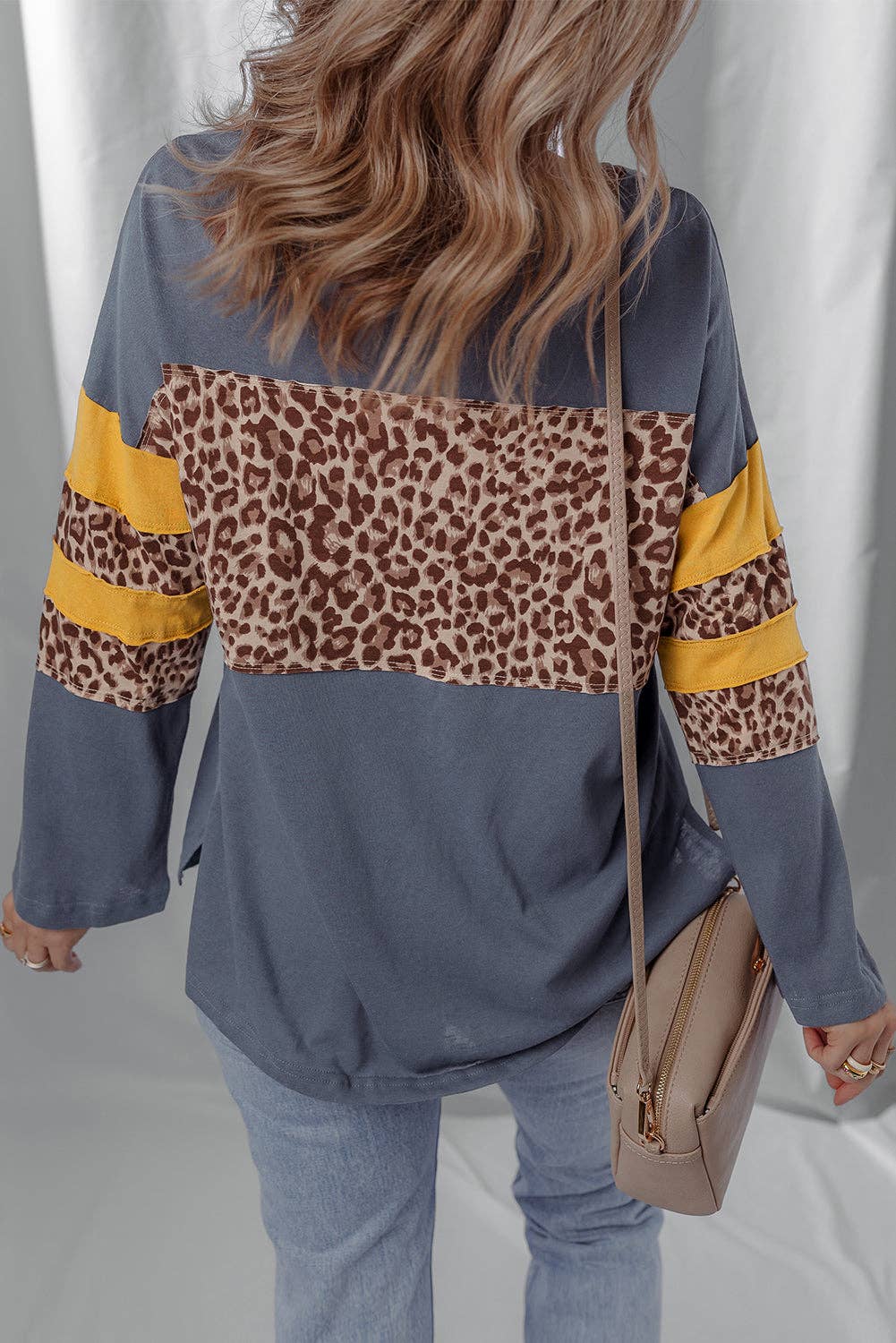 Leopard Colorblock Patchwork Long Sleeve Drop Shoulder Top