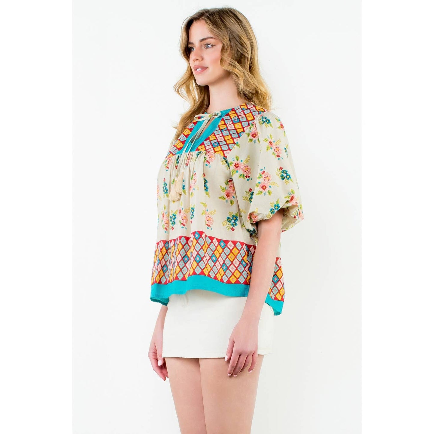 Tassel Tie Puff Sleeve Floral Top