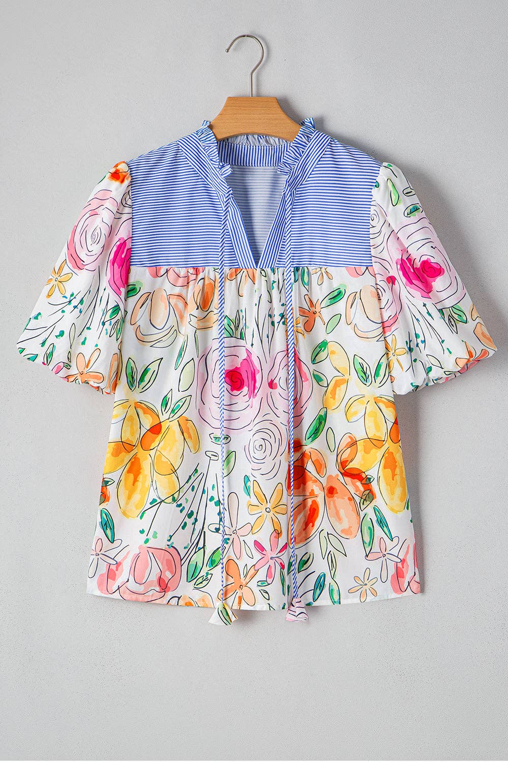 Floral Stripe Puff Sleeve Blouse