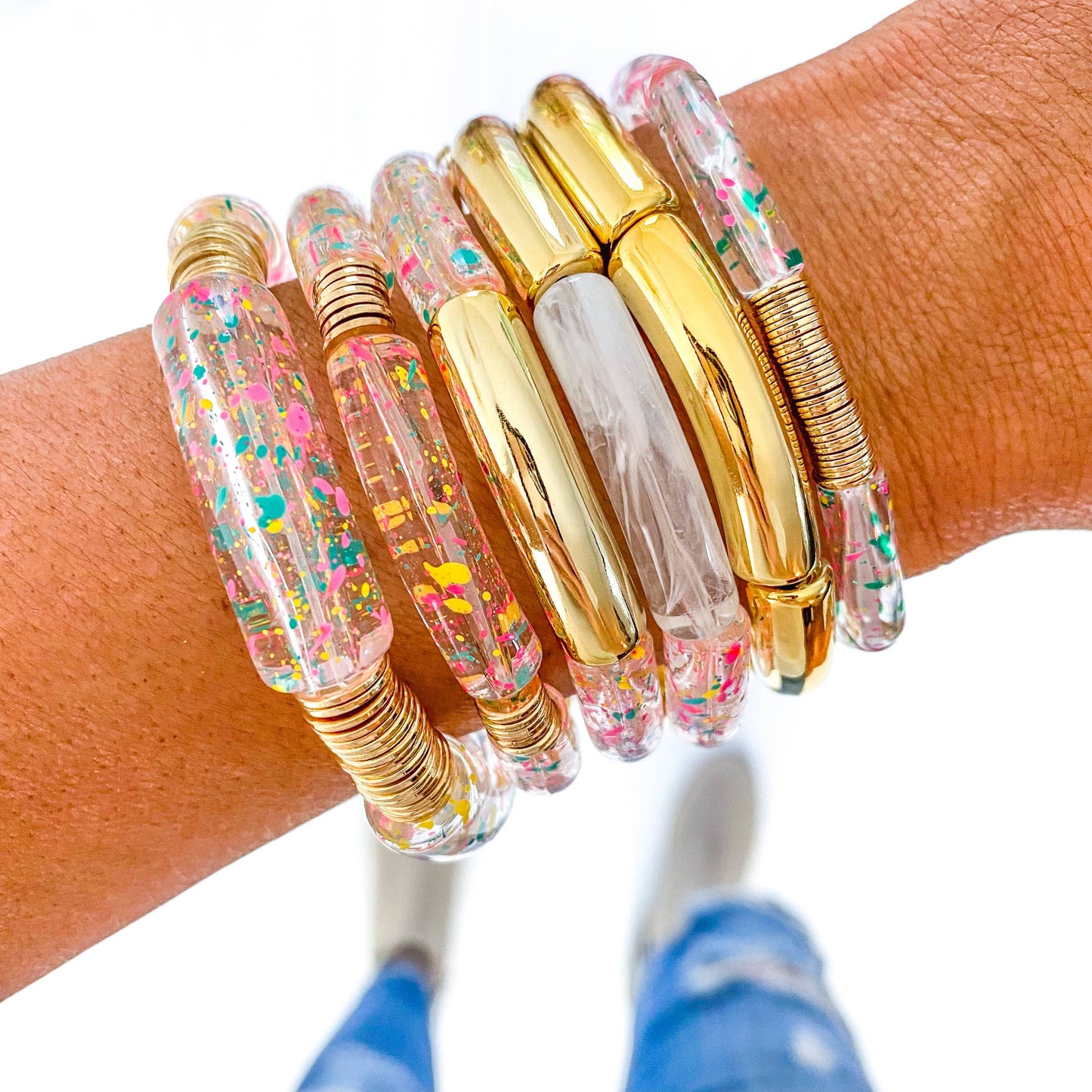 Clear Confetti Speckle Acrylic Tube Bamboo Bracelet