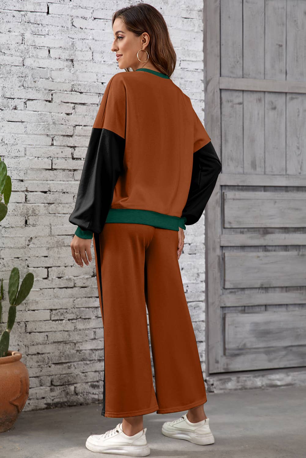 2pcs Color Block Pullover Loose Pant Set
