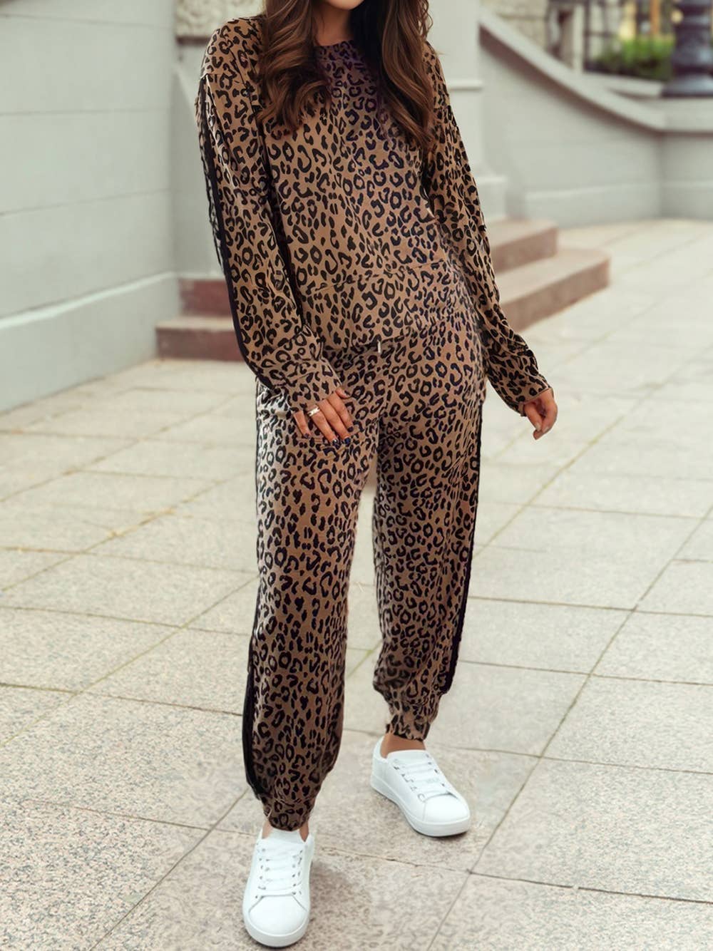 Varsity Striped Trim Leopard Long Sleeve Top Drawstring Pant