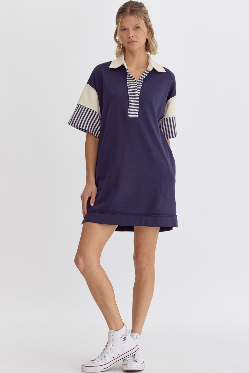 Solid V-Neck Short Sleeve Collared Mini Dress